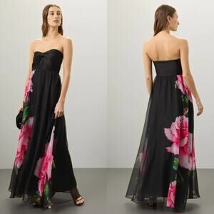 One33 Social The Dasha Dress Floral Chiffon Pleated Strapless Maxi Gown Black 8